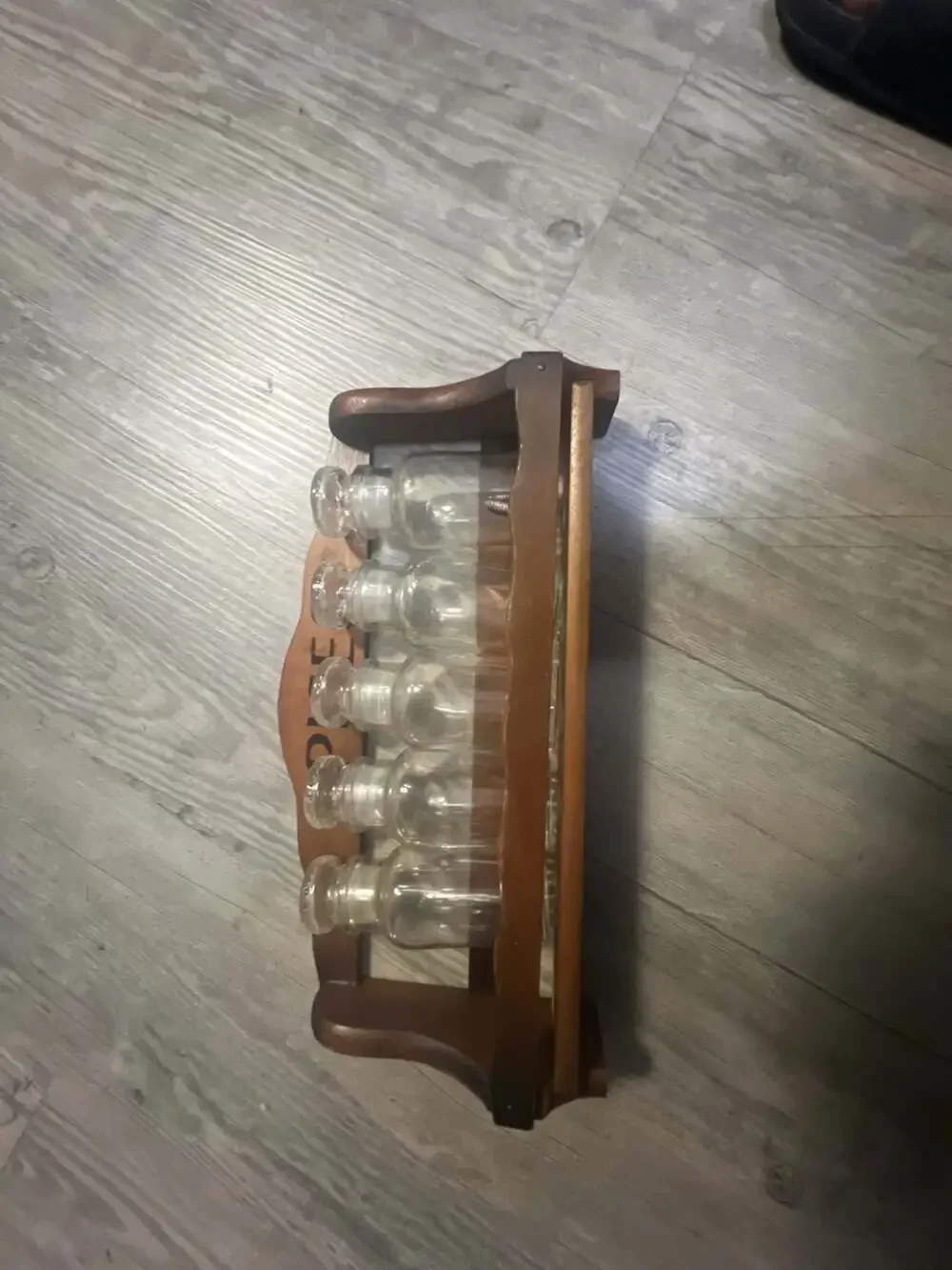 Vintage Wall-Mount Wooden Spice Rack with 5 Glass Apothecary Jars